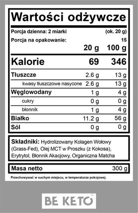 BeKeto Keto Collagène Avec Huile MCT Et Matcha Bio - 300 G, Complément Alimentaire Neuf