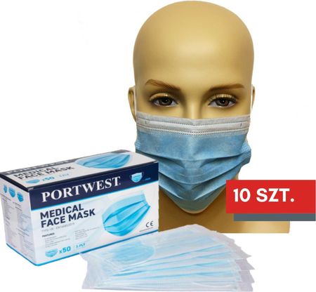 Maska medyczna PORTWEST typu IIR Niebieska - zestaw 10 szt. 