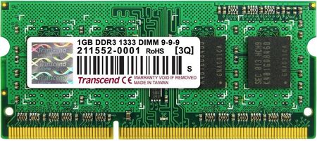 Pamięć RAM Transcend 1GB, DDR3, PC3-10664, 204Pin DIMM, CL9, 128Mx8 (TS128MSK64V3U)