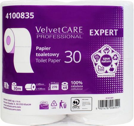 Velvet Care Papier Toaletowy Velvet Expert 30M 100% Celuloza 3 Warstwy Opakowanie 4Szt Rolka 270 Listków Miękki Delikatny