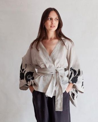 lniane kimono krótkie - naturalny jasny ciemiernik