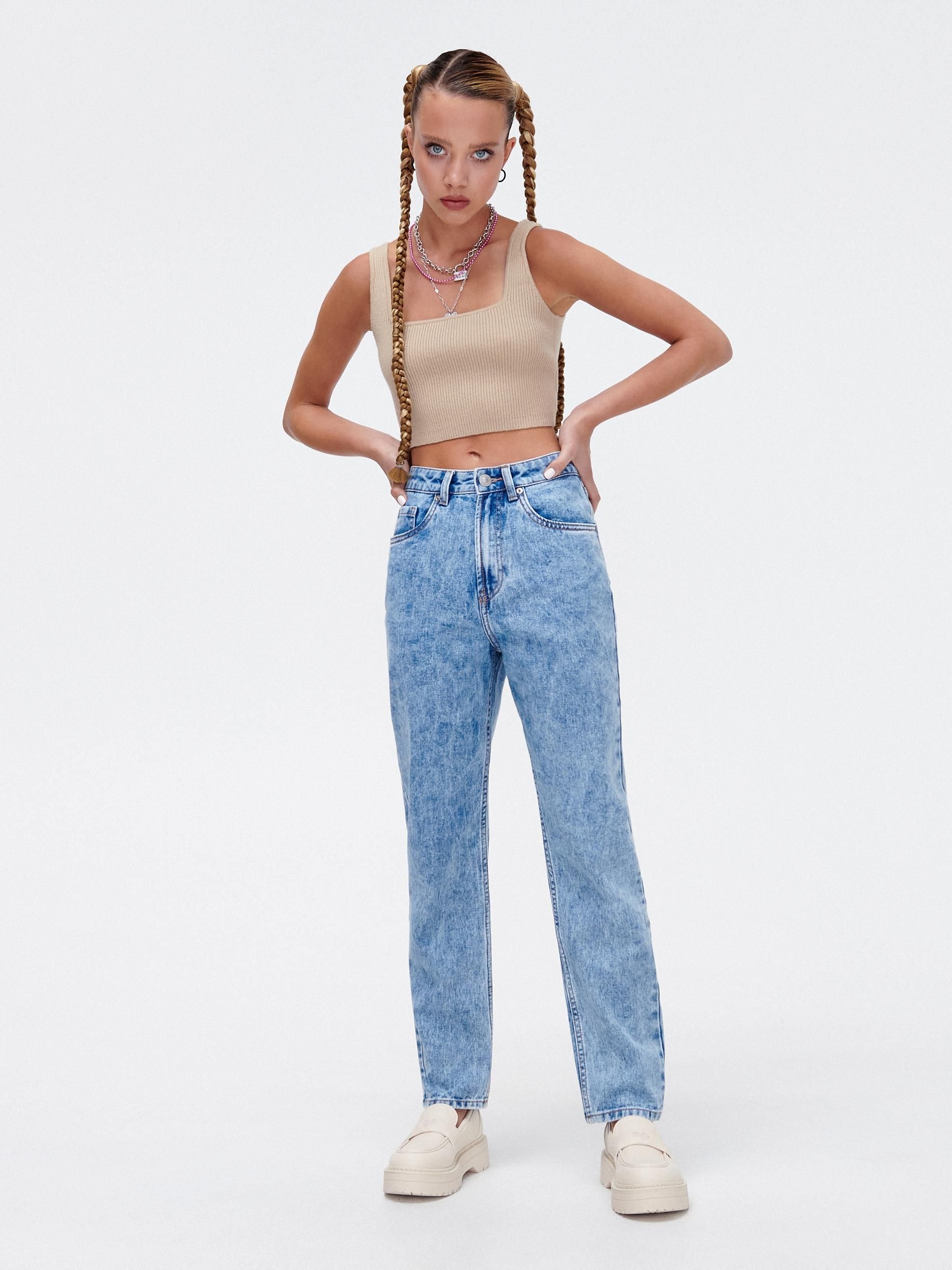 Cropp - Niebieskie jeansy mom z efektem sprania - Niebieski - zdjęcie 1 Cropp - Niebieskie jeansy mom z efektem sprania - Niebieski