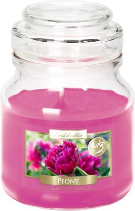 Świeca w szkle z wieczkiem Piwonia mała świeca 28H palenia kwiatowy aromat śred. 7 cm wys. 9,9 cm różowy kolor BISPOL