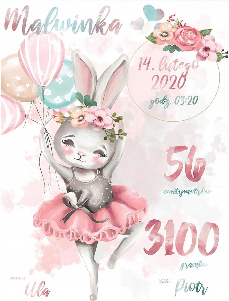 Metryczka Plakat Prezent A4 21X30 Króliczek Ramka - zdjęcie 1 Metryczka Plakat Prezent A4 21X30 Króliczek Ramka