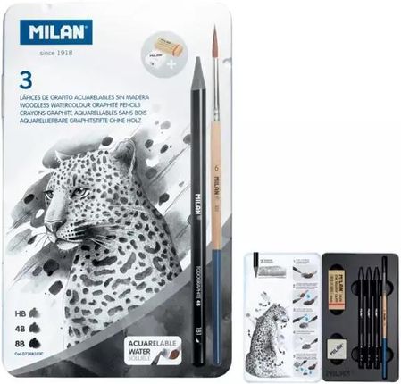 Zestaw 3 ołówków bezdrzewnych + temperówka + gumka + pędzel w metalowym opakowaniu - MILAN