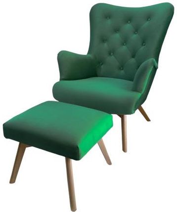 Fotel skandynawski pikowany z podnóżkiem Magic Velvet butelkowa zieleń
