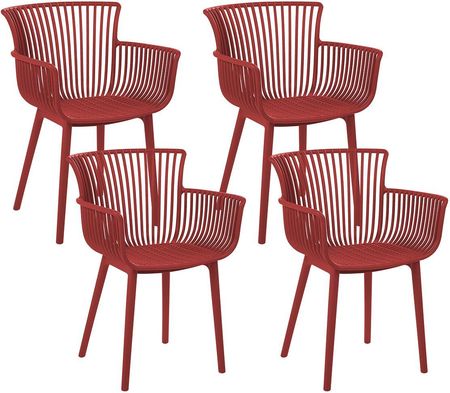 Beliani Zestaw 4 Krzeseł Plastikowych Do Jadalni Ogrodu Z Podłokietnikami Czerwony Pesaro