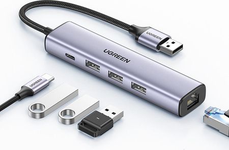 Adapter UGREEN 5w1 USB-A do 3x USB 3.0 + RJ45 USB-C (srebrny) (60554)