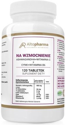 Na wzmocnienie Ashwagandha + Cynk + Witamina C+ Witamina B6 120 tabletek Alto Pharma