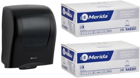 Merida Mechaniczny Podajnik One Czarny + 2 Kartony Ręcznika Papierowego Automatic - Makulatura Bielona