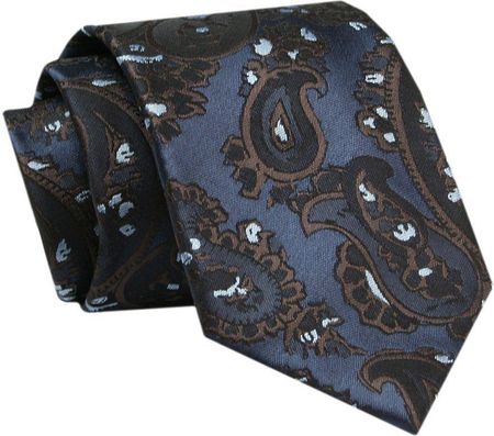 Męski Krawat - ALTIES - Klasyczny - Granatowy z Brązowym Motywem Paisley KRALTS0698