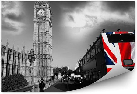 Fototapety.Pl Czarno-Białe Zdjęcie Miasto Londyn Autobus Big Ben Flaga Okleina Na Ścianę 250x250cm Fizelina
