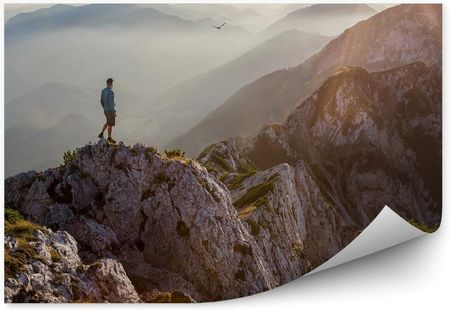 Fototapety.Pl Człowiek Szczyt Góry Trawa Mgła Zachód Słońca Okleina Na Ścianę 250x250cm Magicstick