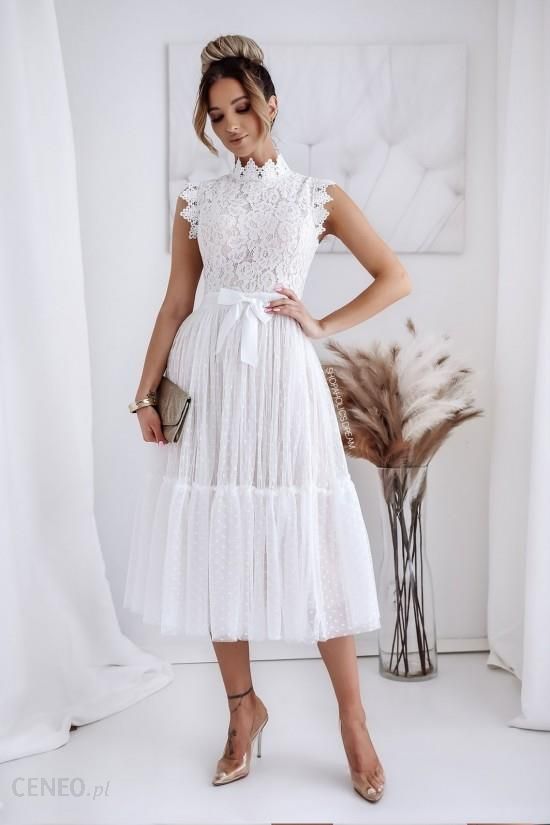 Sukienka koronkowa z tiulem midi Midnight biała - Ceny i opinie 