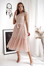 Sukienka koronkowa z tiulem midi Aurella beżowa - Sukienki