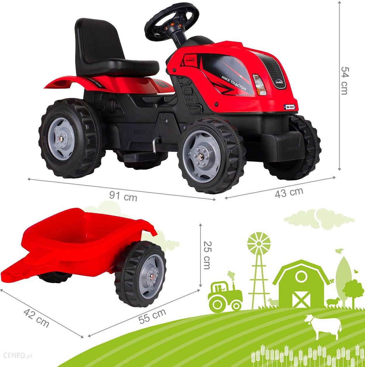 Malplay Duży Traktor Jeździk Z Przyczepą Traktorek Pedały Czerwony