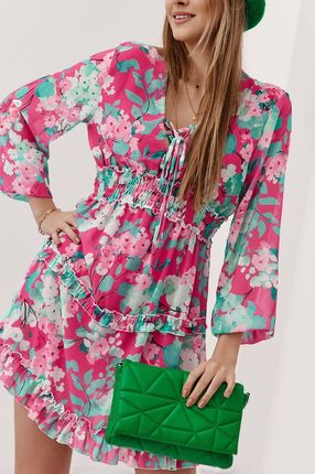 Zwiewna szyfonowa sukienka w kwiaty różowo zielona 1381