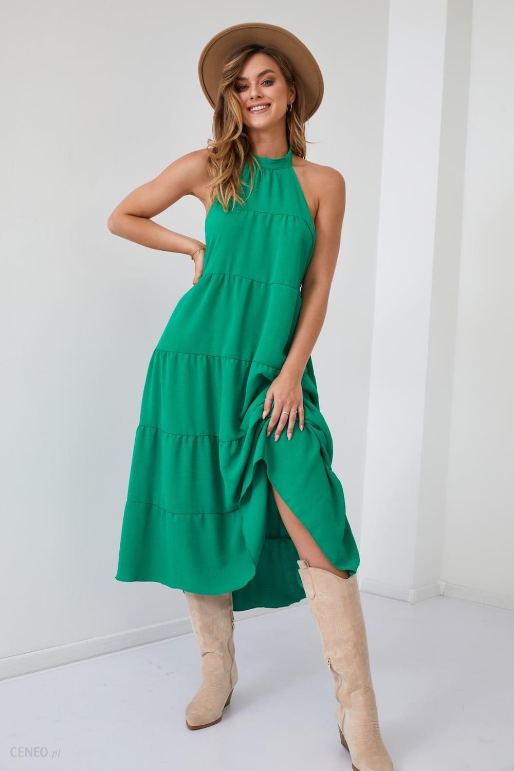 Midi sukienka letnia wiązana na szyi zielona 8167 - Ceny i opinie 