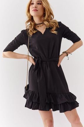 Gładka sukienka z falbankami i paskiem czarna FK614