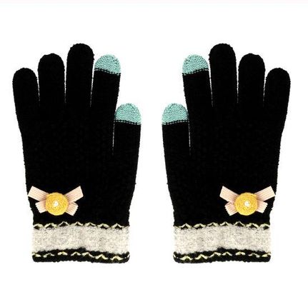 Rękawiczki zimowe dotykowe czarne z kwiatuszkiem
