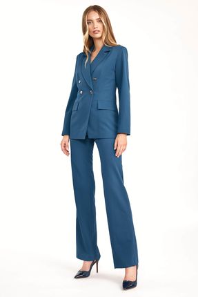 Niebieski garnitur damski z szerokimi nogawkami