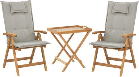 Beliani Zestaw Mebli Balkonowych Drewno Akacjowe Stół 2 Krzesła Poduszki Beżowoszare Java