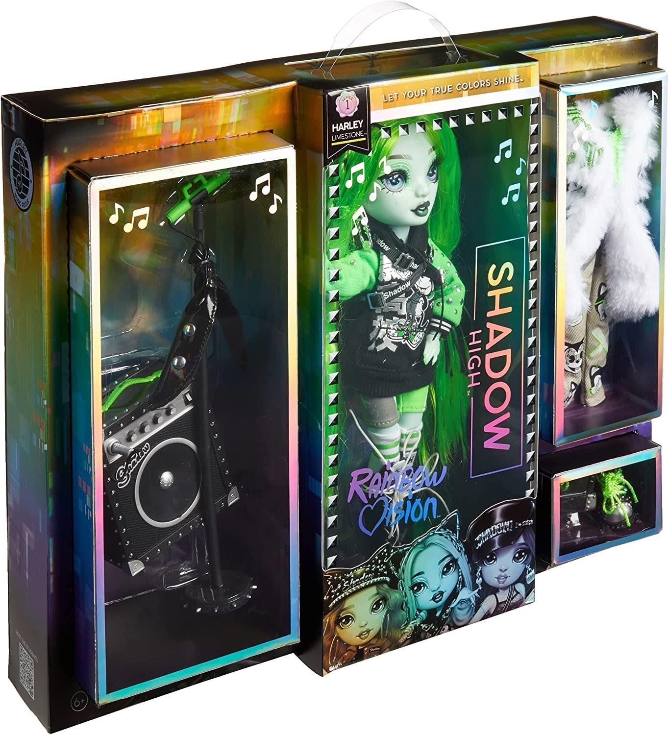 Rainbow Vision Shadow High Neon Shadow- Harley Limestone (Neon Green)  Posable Fashion Doll. 2 Designer Outfits to Mix & Match, Rock Band  Accessories