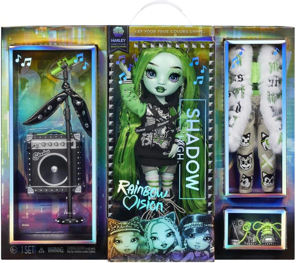 Rainbow Vision Shadow High Neon Shadow- Harley Limestone (Neon Green)  Posable Fashion Doll. 2 Designer Outfits to Mix & Match, Rock Band  Accessories