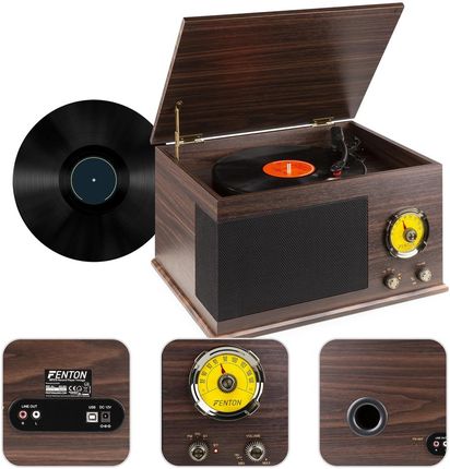 Fenton Rp173 Gramofon Z Głośnikami Vintage Usb, Bt, Fm Ciemne Drewno