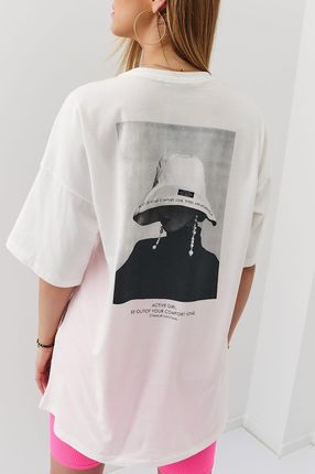 Kremowy t-shirt z modnym nadrukiem na plecach 22034