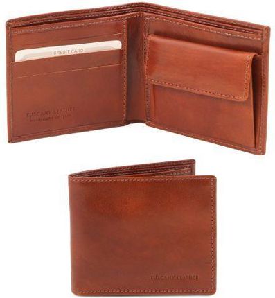 Tuscany Leather Ekskluzywny skórzany portfel męski z kieszenią na monety - 2-krotnie składany , kolor brązowy TL140761