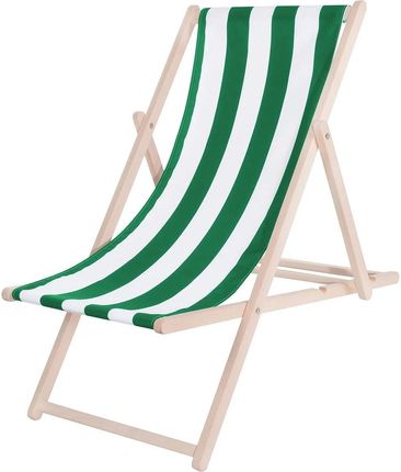 Leżak Plażowy Składany Drewniany Z Materiałem W Biało-Zielone Pasy