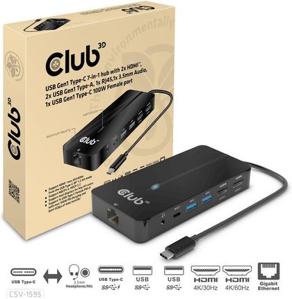 CSV-1595 Stacja Dokująca Hub 7-w-1 USB-C Gen1 – 2xHDMI, 2x USB A Gen1, 1x RJ45, 1x Audio 3,5mm, 1x USB C Gen1 100W