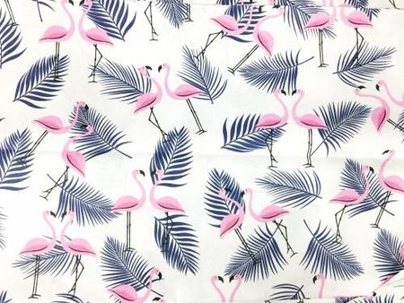 Polska Bawełna Różowe Flamingi Granatowe Palmy