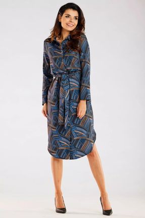 Elegancka sukienka w fasonie szmizjerki w modny wzór (Granatowy, XL)
