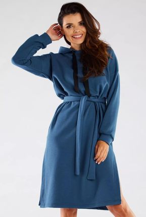 Bawełniana sukienka z kapturem i trokami (Niebieski, S/M)
