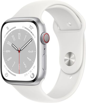 Apple Watch Series 8 GPS + Cellular 45mm koperta z aluminium srebrny + opaska sportowa biała (MP4J3WBA)