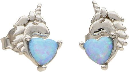 Diament Srebrne kolczyki niebieski opal jednorożec z sercem (AE20400)