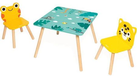 Janod Zestaw drewnianych mebelków stolik i 2 krzesła Tropik 3+