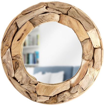 Lustro okrągłe w naturalnej drewnianej ramie wiszące ścienne łazienkowe do salonu 51 cm