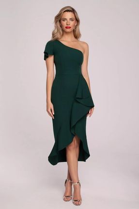 Olśniewająca sukienka na jedno ramię z efektowną falbaną (Zielony, S)