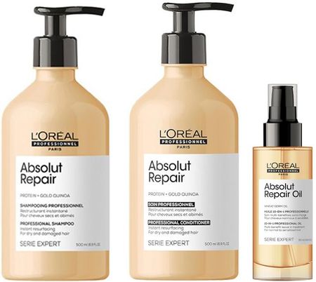 L'Oréal Absolut Repair Gold odbudowujący zestaw do włosów zniszczonych | szampon 500ml, odżywka 500ml, olejek 90ml
