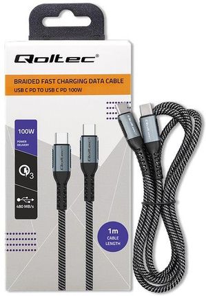 Qoltec Kabel USB 2.0 typ C | USB 2.0 typ C 100W | QC 3.0 | PD | 1m | Czarny