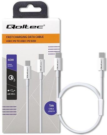 Qoltec Kabel USB 2.0 typ C | USB 2.0 typ C 60W | QC 3.0 | PD | 1m | Biały
