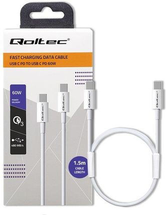 Qoltec Kabel USB 2.0 typ C | USB 2.0 typ C 60W | QC 3.0 | PD | 1.5m | Biały
