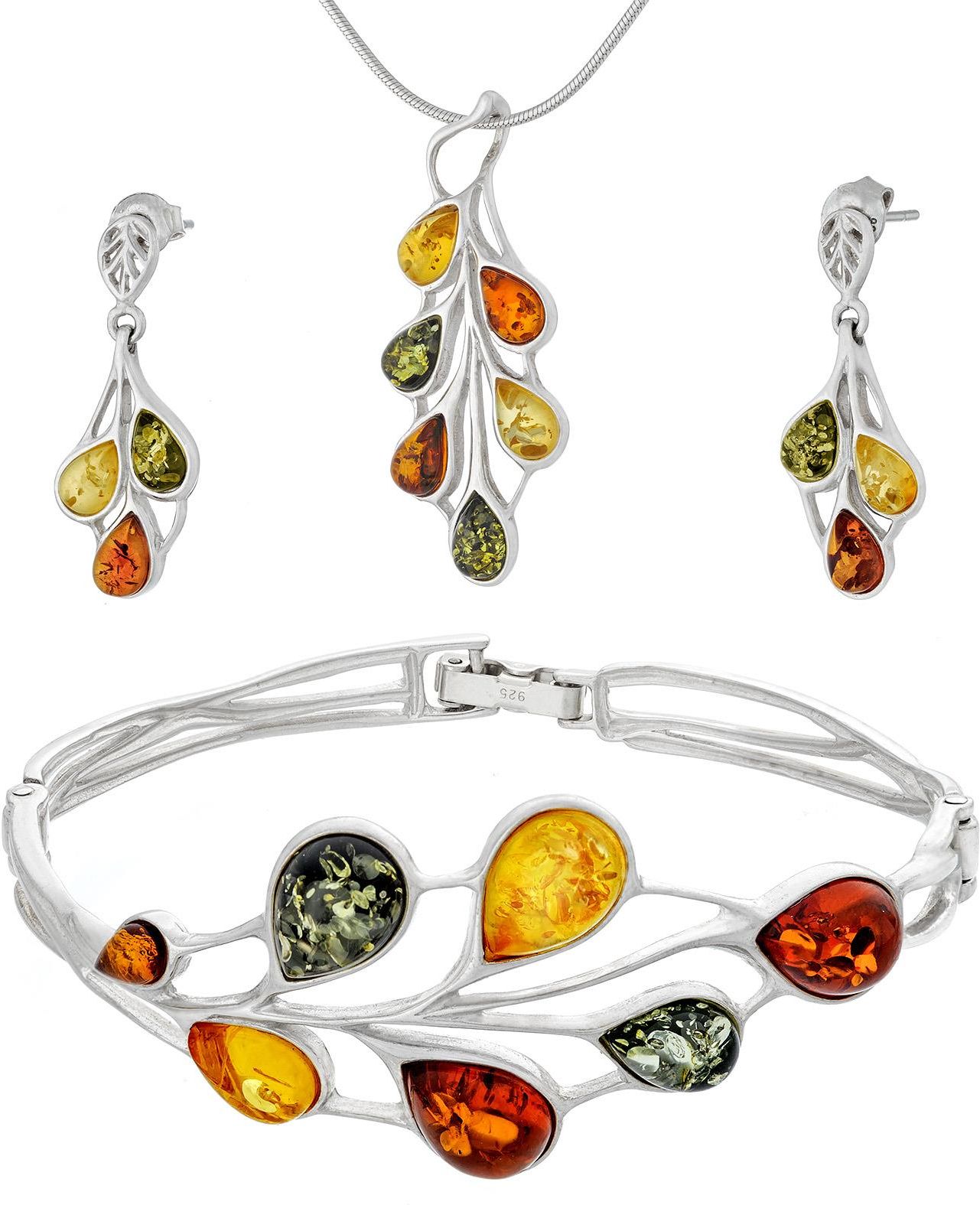 Set Gioielli Ambra Baltica E Argento 925 – Collana E Orecchini, Colori Cognac/verde/limone, Idea Regalo