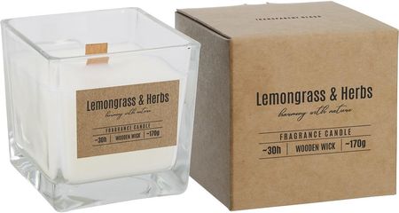 Świeca zapachowa Premium kwadrat z drewnianym knotem LEMON GRASS & HERBS snk80-000-350 orzeźwiający zapach 30h palenia 8 x 8 x 8 cm
