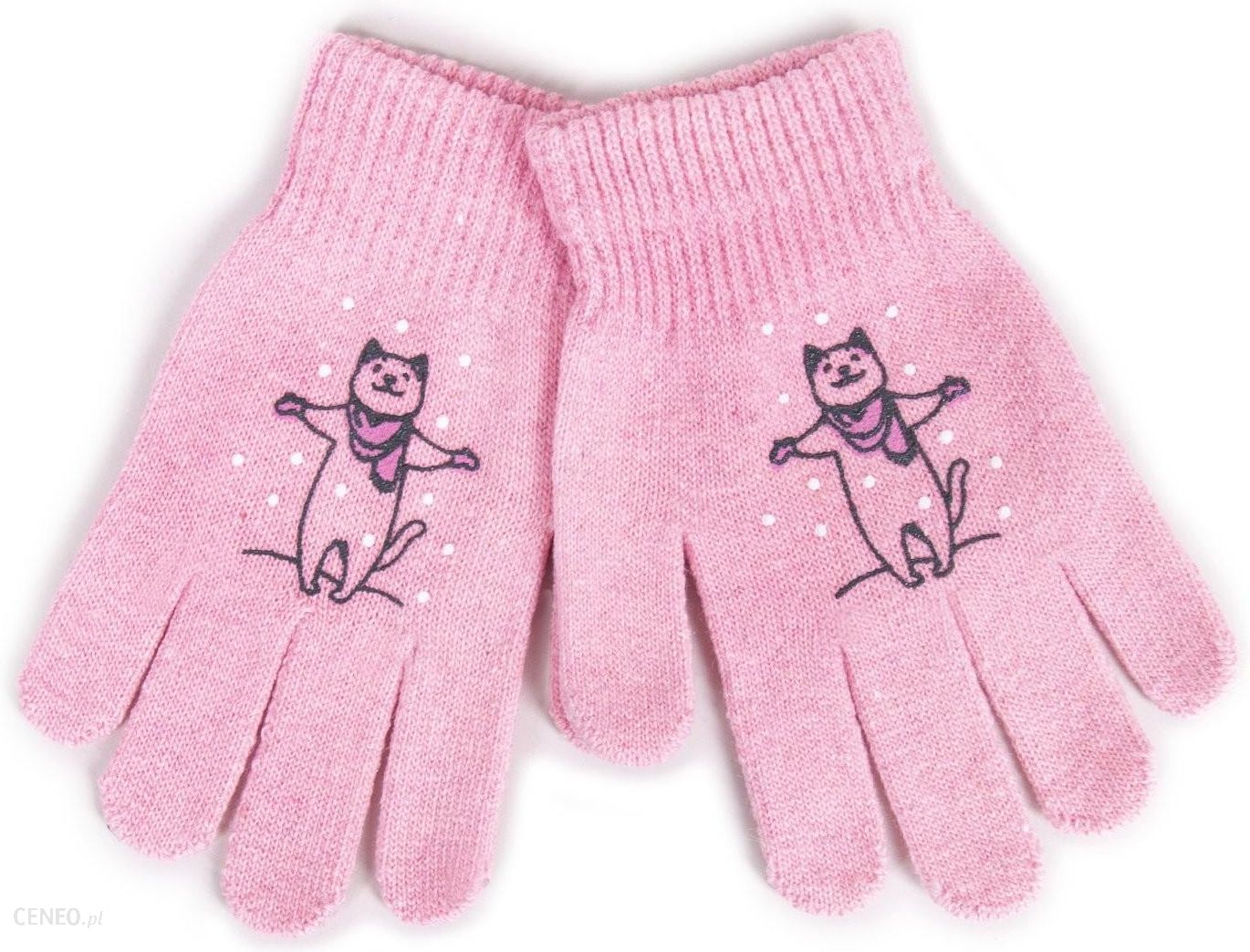 Rękawiczki dziewczęce pięciopalczaste różowe kotek : Rozmiar - 14