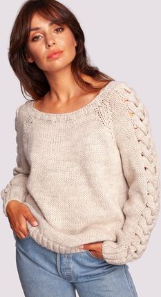 Sweter z Grubym Warkoczem na Rękawach - Beżowy