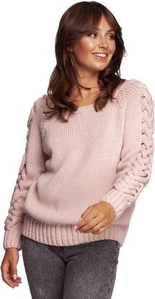 Sweter z Grubym Warkoczem na Rękawach - Różowy
